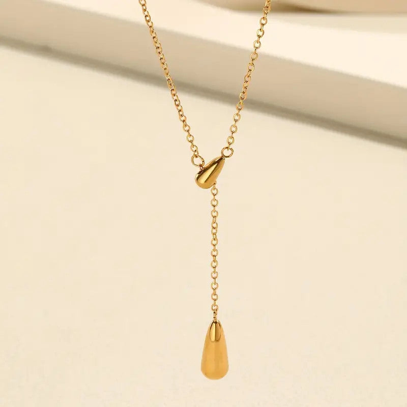 Teardrop Shape Beads Necklace 18K Gold Plated Golden Titanium Steel Chain Women