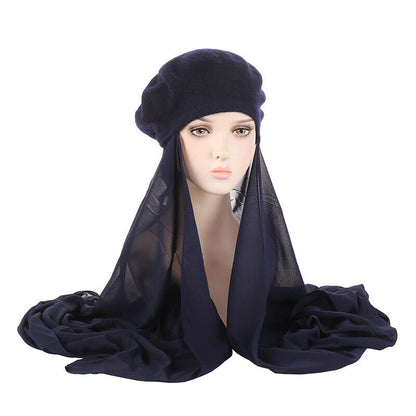 Womens Beret Hat Chiffon Scarf Instant Hijab Shawls Wrap Headsacrf Bandana Caps↖