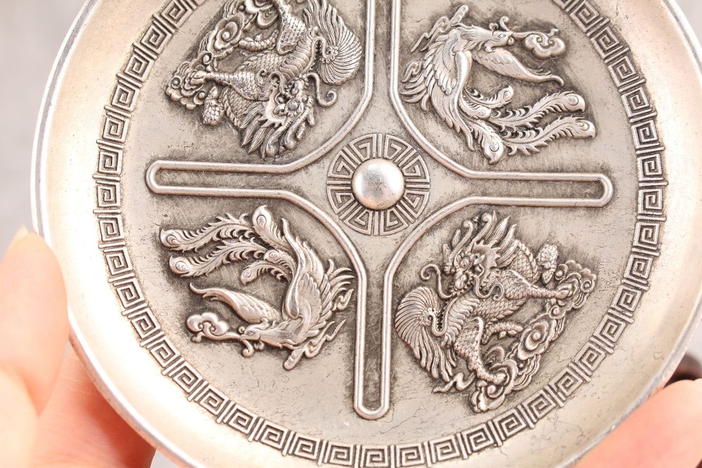 Chinese tibet silver copper double dragon phoenix plate table decor