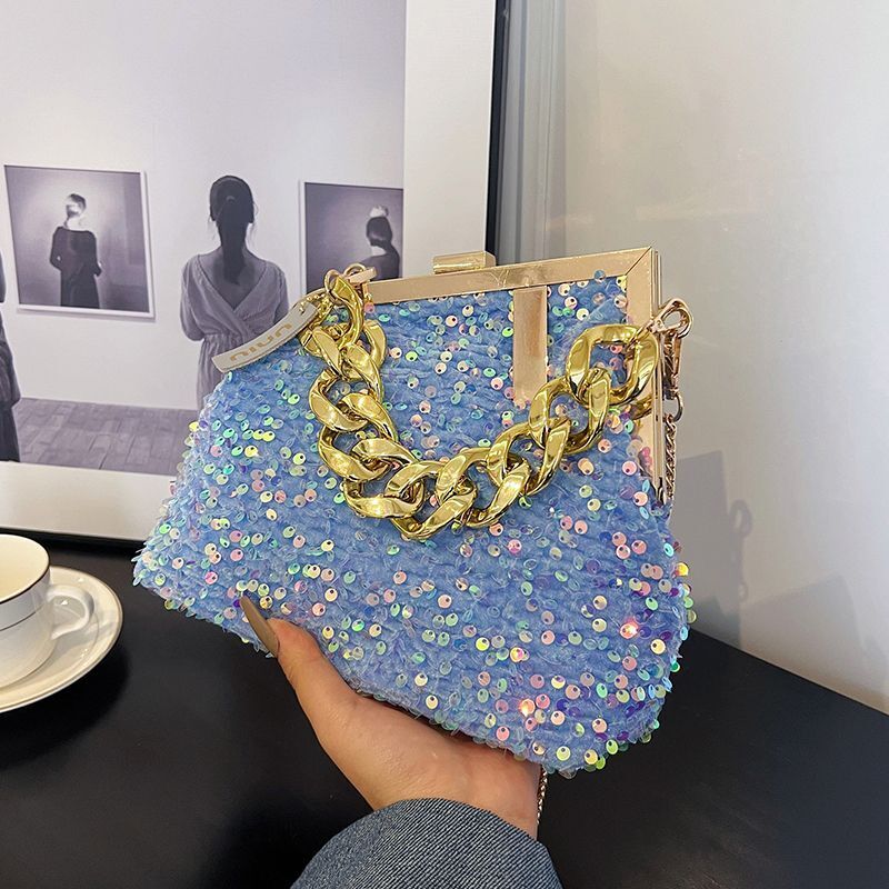 Sequin Shoulder Messenger Bag Buckle Handbag Thick Chain Polyester Purse Hasps