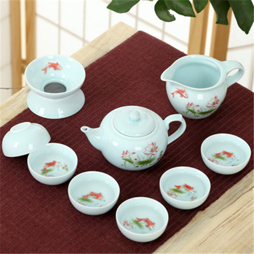 Longquan Celadon Complete Tea Set Porcelain Tea Pot Gaiwan Tureen Tea Cups Fish