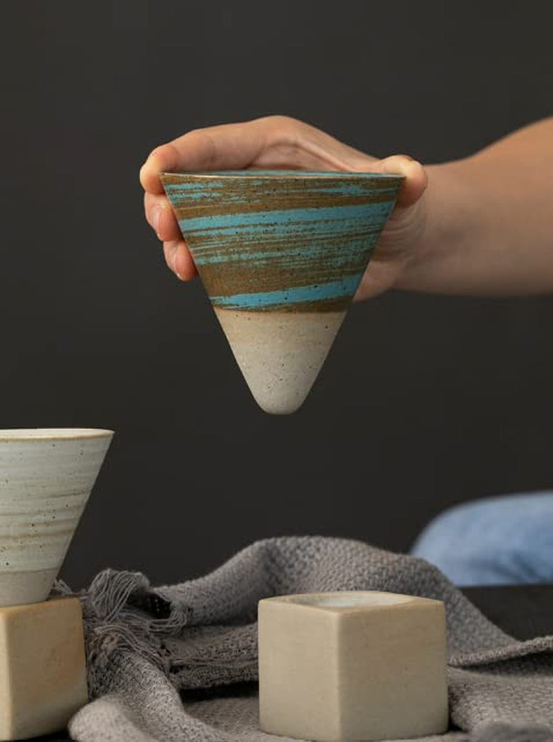 Turquoise Handmade Pottery Mug with a Stand Japaneese Style Home Decoration Gift