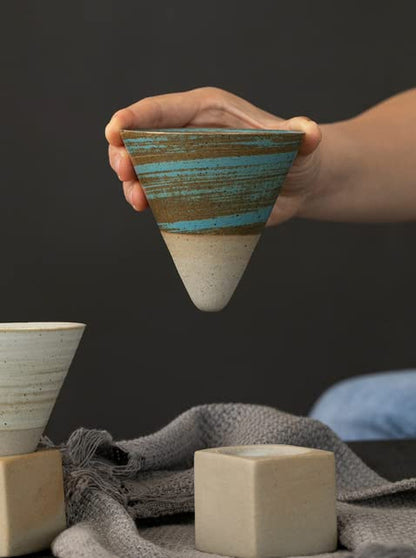 Turquoise Handmade Pottery Mug with a Stand Japaneese Style Home Decoration Gift