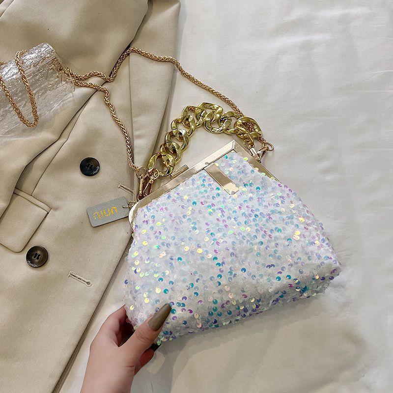 Sequin Shoulder Messenger Bag Buckle Handbag Thick Chain Polyester Purse Hasps