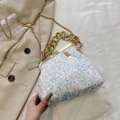 Sequin Shoulder Messenger Bag Buckle Handbag Thick Chain Polyester Purse Hasps