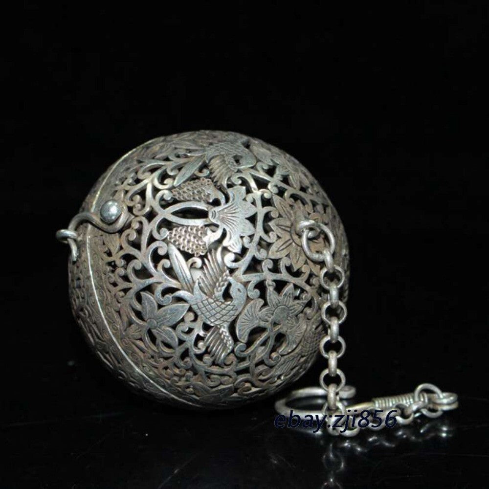 Old antique silver handmade carved Crane pattern Hang ball incense burner