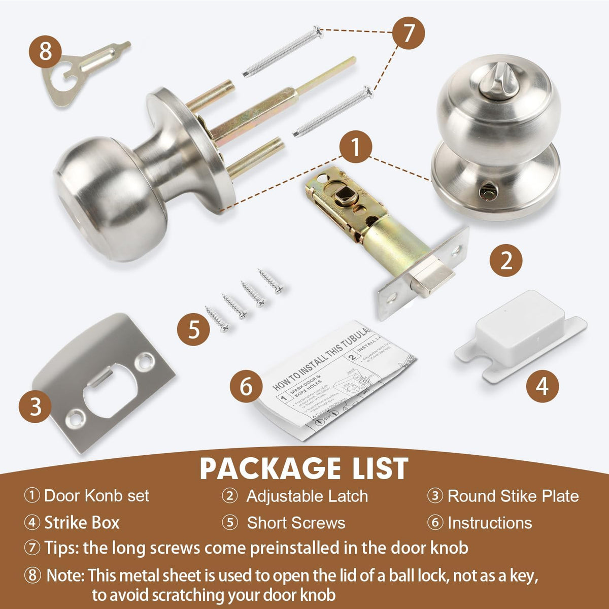 Privacy Door Knobs, 5 Pack Satin Nickel Door Knobs with Lock, Bed and Bath Door