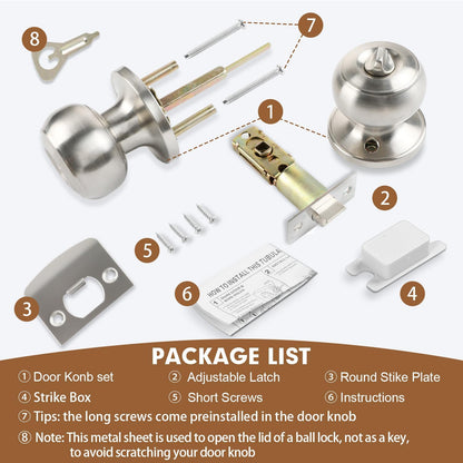 Privacy Door Knobs, 5 Pack Satin Nickel Door Knobs with Lock, Bed and Bath Door