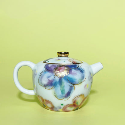 Hand Painted Tea Pot + 2 Matching Tea Cups Thin Glaze Porcelain Pot With Infuser