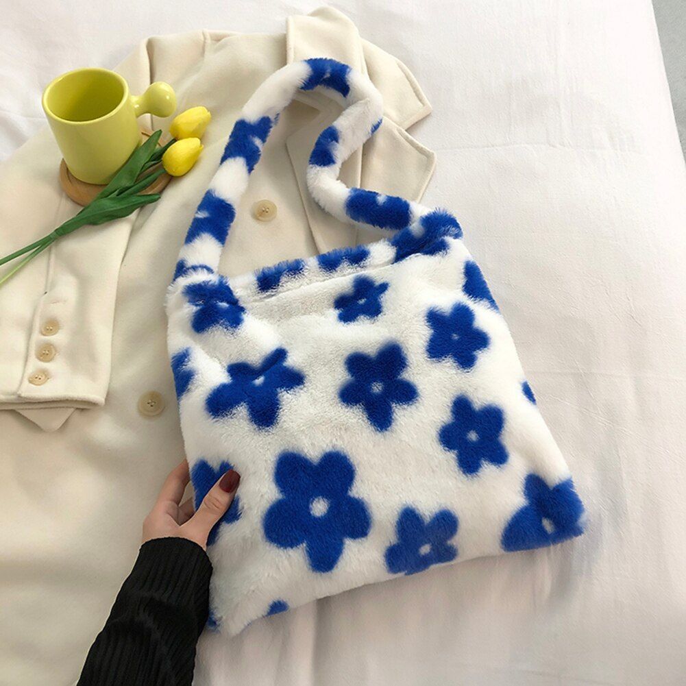 Shopping Bag Flower Print Plush Shoulder Large Handbags Underarm Bags 30*30*2 CM