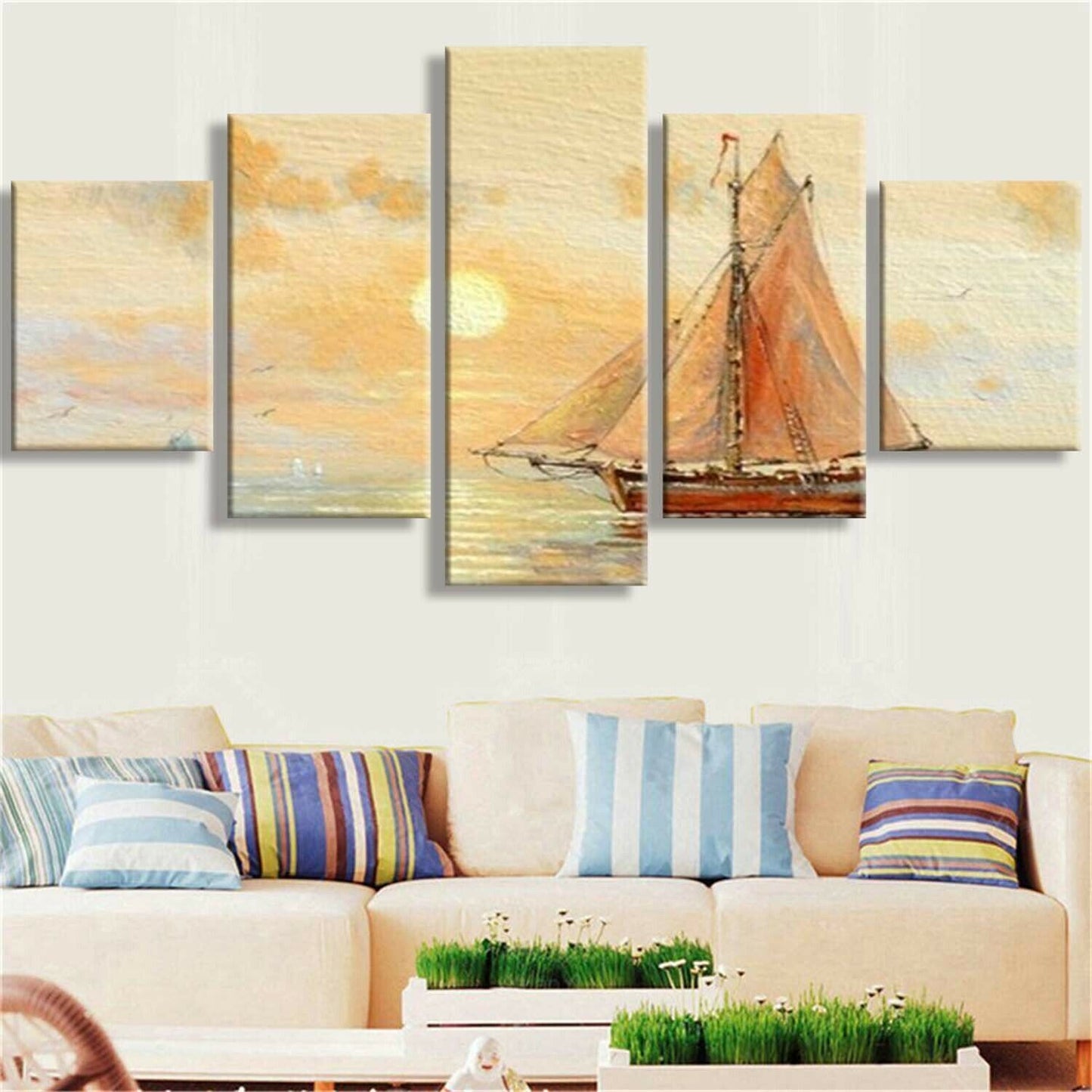 Sailboat Sunrise 5 Piece Art Poster Canvas Wall Art Home Decor Unframed