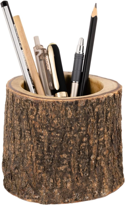 Rustic Wood Pencil Cup Pen Holder for Table Office Desktop Stationary Organizer