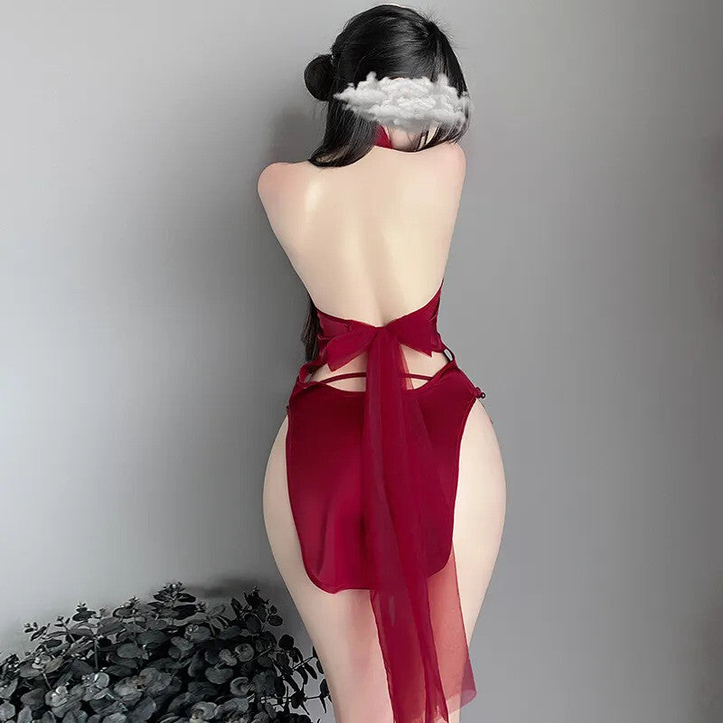 Women's Sexy Neck Hanging Hollow High Waisted Slit Cheongsam Uniform Set