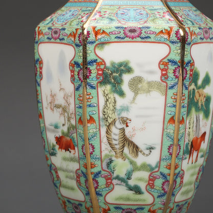 11.1" Chinese Qing Porcelain Gild 12 Zodiac Animal Six Sides Flower Vase