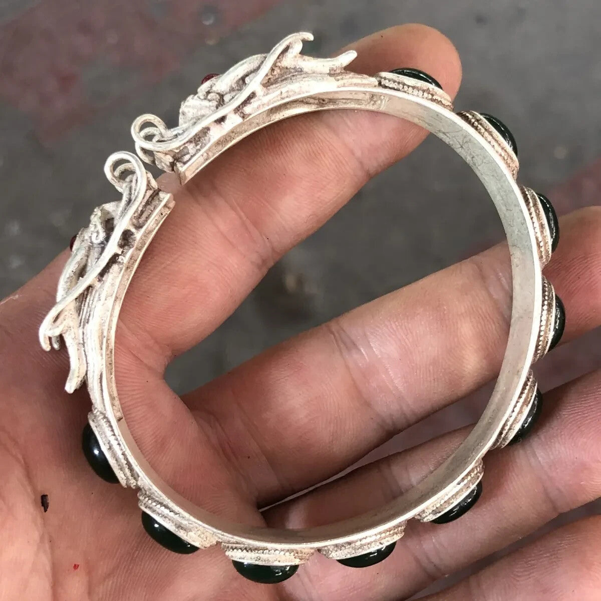 Ancient China Qing Dynasty Antique Dragon Bangle Colect Inlaid Gemstone Bracelet