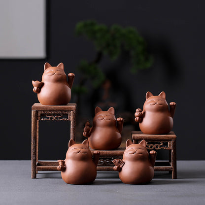 8.9cm Chinese Yixing Creative Handmade Purple Clay Cat Home Decoration Tea Pet