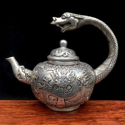 Vintage Chinese Silver Plated Copper Dragon Teapot Xuande Style 15cm