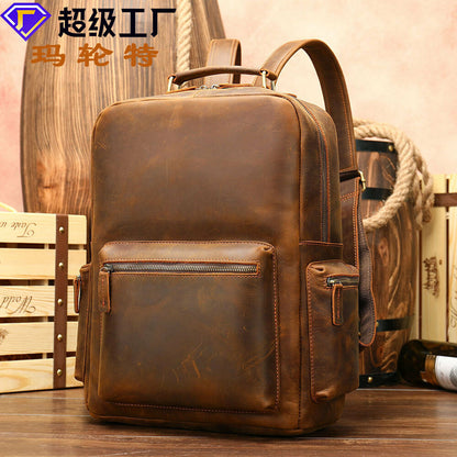 Crazy Horse Leather Men's Retro Backpack LargeTravel Rucksack Daypack School Bag