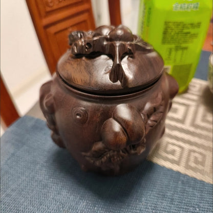 Ebony Wood Tea Caddy Carved Ganoderma Peach Relief Vintage Chinese Jar