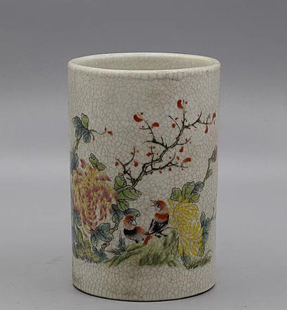 4.5" Collect Chinese Qing Famille Rose Porcelain Tree Peony Bird Brush Pot