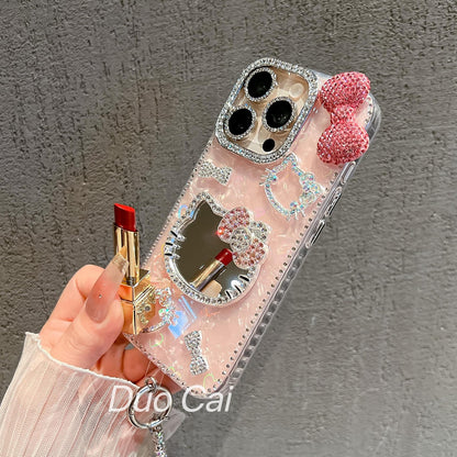 For iPhone 17 Pro Max/16/15 Cute Bling Mirror Girl Case Cover w/ Chain