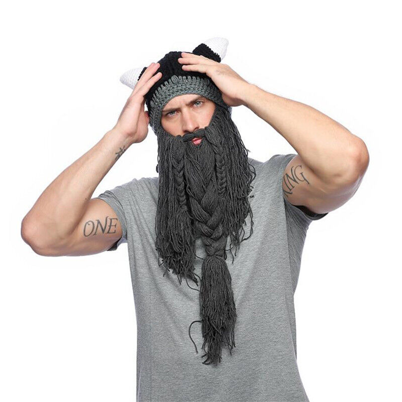Nordic Style Hats Winter Viking Horn Wool Creative Long Beard Hats Halloween Cap