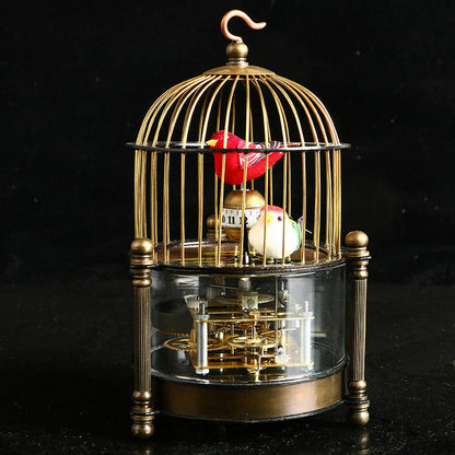 Exquisite Brass Mechanical Clock -birdcage Shape Two Bird Aroud Moving