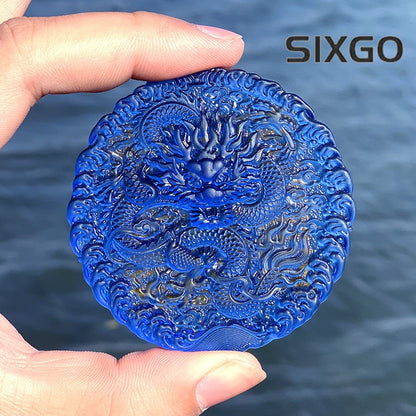 Natural Blue Crystal Hand Carved Chinese Zodiac Dragon Pendant Buddhist Necklace