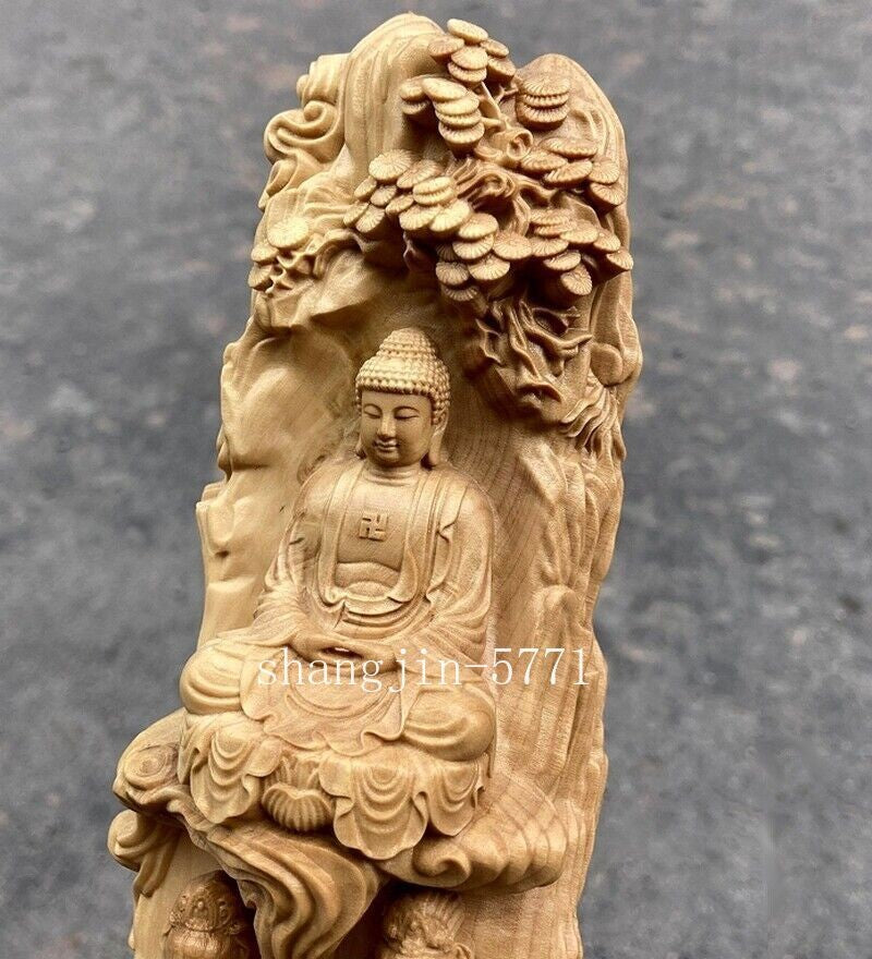 9" Natural Boxwood Carved Three Holy Buddha Statue Boddhisattva Figures