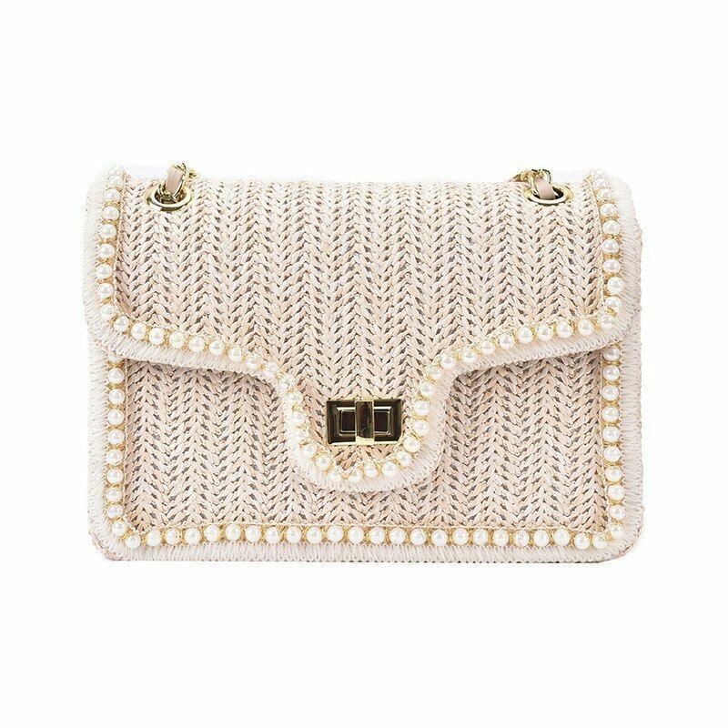 Women Bag Chain Straw Summer Pearl Hand Woven Straw Shoulder Bags Small Square