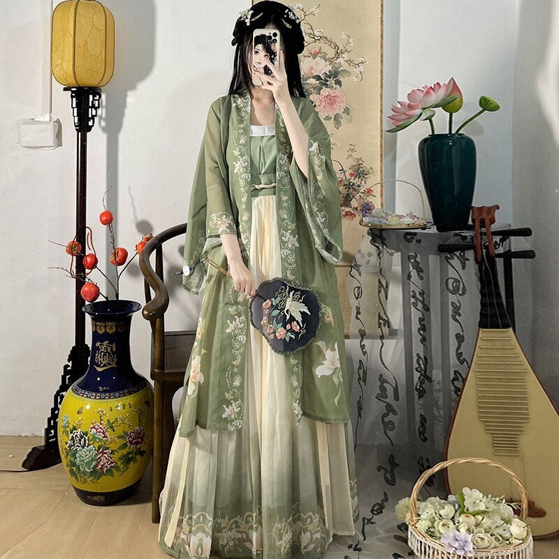 Chinese Hanfu Dress 3PCS Set Tea Green Flowing Maxi Dress Chinese Ancient Women