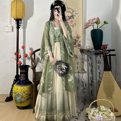 Chinese Hanfu Dress 3PCS Set Tea Green Flowing Maxi Dress Chinese Ancient Women