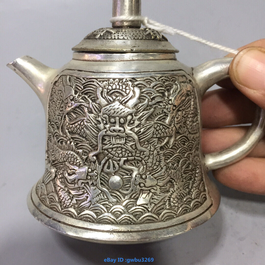 Asian Chinese Old Tibet Silver Hand-carved Dragon Teapot