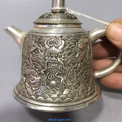 Asian Chinese Old Tibet Silver Hand-carved Dragon Teapot