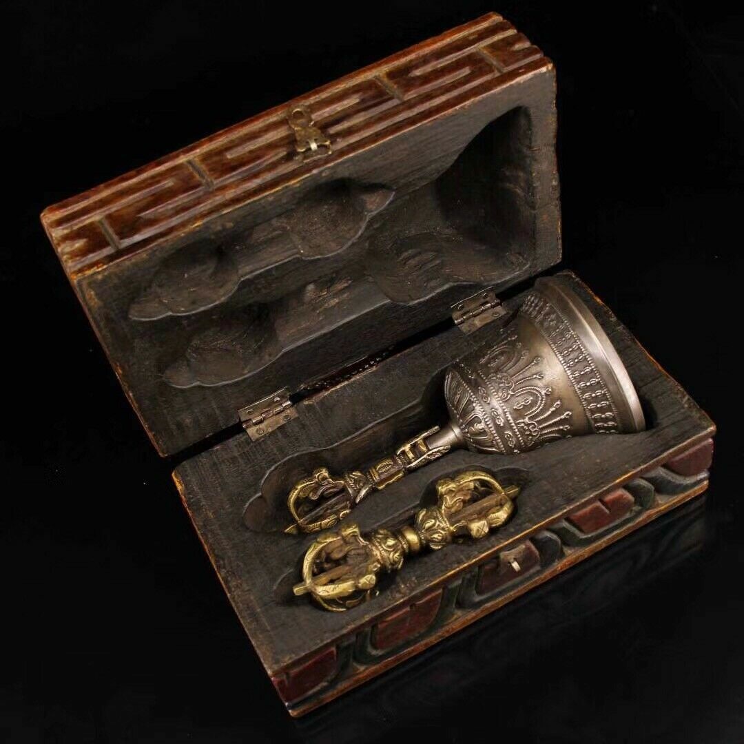 Chinese Temple Collection Old Copper Handmade Build Bell Vajra + Box
