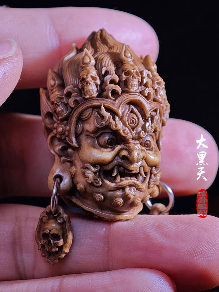 Buddhism Mahakala Head Carved Deer Antler Hand Carving Statue Pendant Amulet