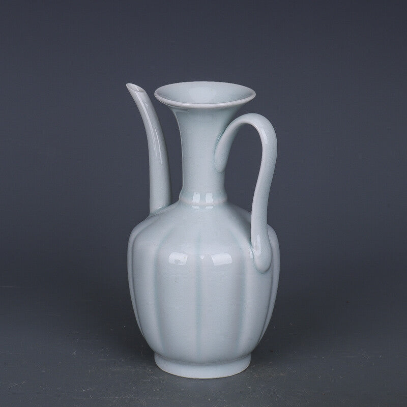 7.1" China Song Porcelain Lake Field Kiln Shadow Green Glaze Lotus Flower Teapot