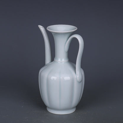 7.1" China Song Porcelain Lake Field Kiln Shadow Green Glaze Lotus Flower Teapot