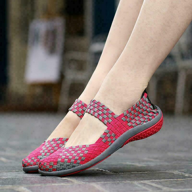 Women Slip On Walking Shoes Woven Elastic Mary Jane Flat Lightweight Fashion