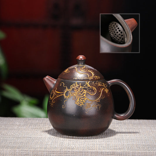 4.6" China Yixing Zisha Pottery Qinzhou Mud 200ML Dragon Grain Dragon Egg Teapot