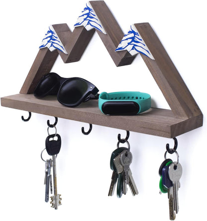 Wooden Wall Key Holder Organizer with Small Shelf Decorative Hooks Keychain