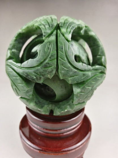 Chinese green jade Hollow-out carved fengshui dragon ball magic Statue