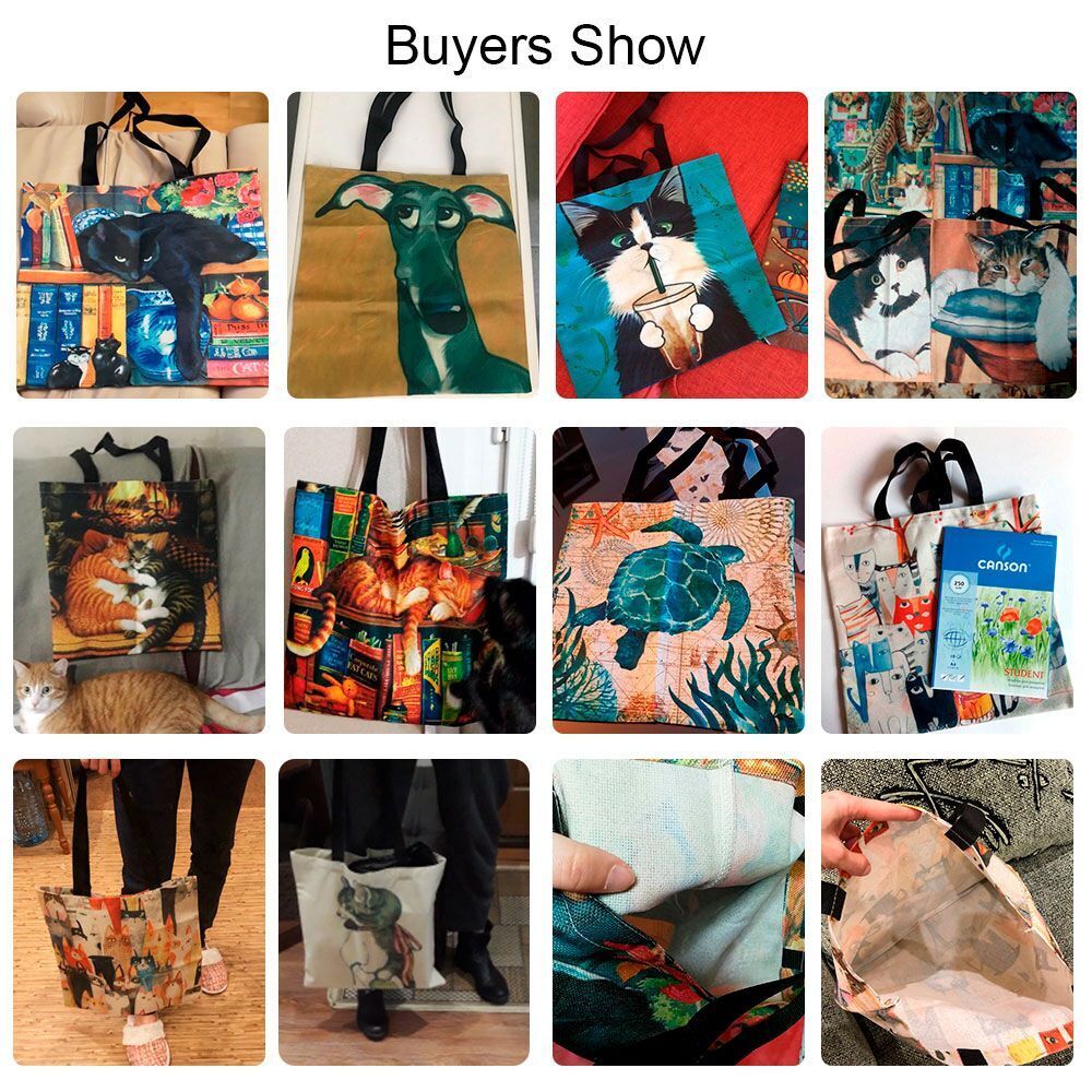 Cat Print Tote Bag Linen Reusable Shopping Bag Oil Painting Shoulder Shopper Bag