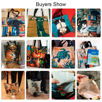 Cat Print Tote Bag Linen Reusable Shopping Bag Oil Painting Shoulder Shopper Bag