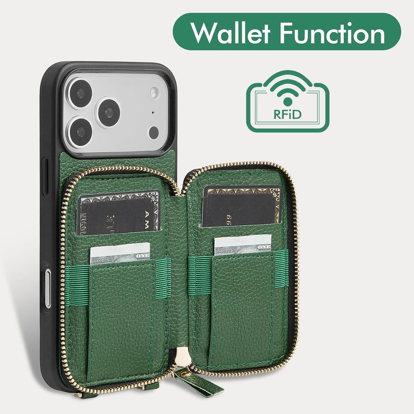 for Iphone 17 Pro Wallet Case with Card Holder, Crossbody Zipper Leather Phone C