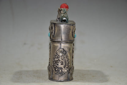 Silver-Plated Copper Dragon Phoenix Qilin Box 8cm Turquoise Inlay