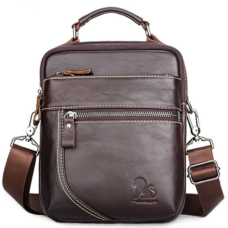 100% Genuine Leather Men's Sling Shoulder/Messenger Bag Double Zipper 8" Handbag