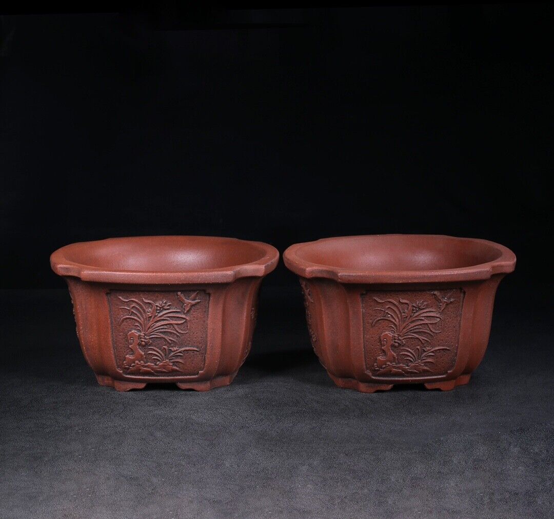 Chinese Yixing Zisha Clay Handmade Exquisite flowerpot (pair) （花盆（一对） 底款：铁画轩）