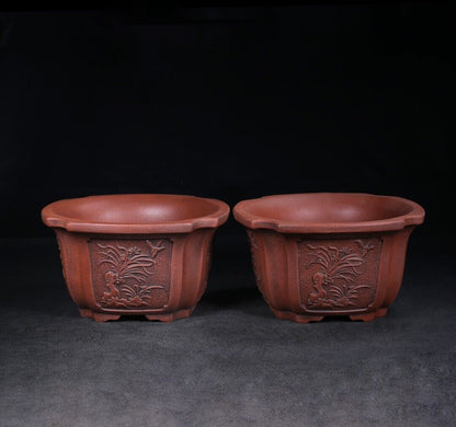 Chinese Yixing Zisha Clay Handmade Exquisite flowerpot (pair) （花盆（一对） 底款：铁画轩）