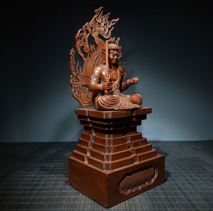 14" Collect Chinese Box-wood Carving Fudo Myo-o Acalanatha Statue